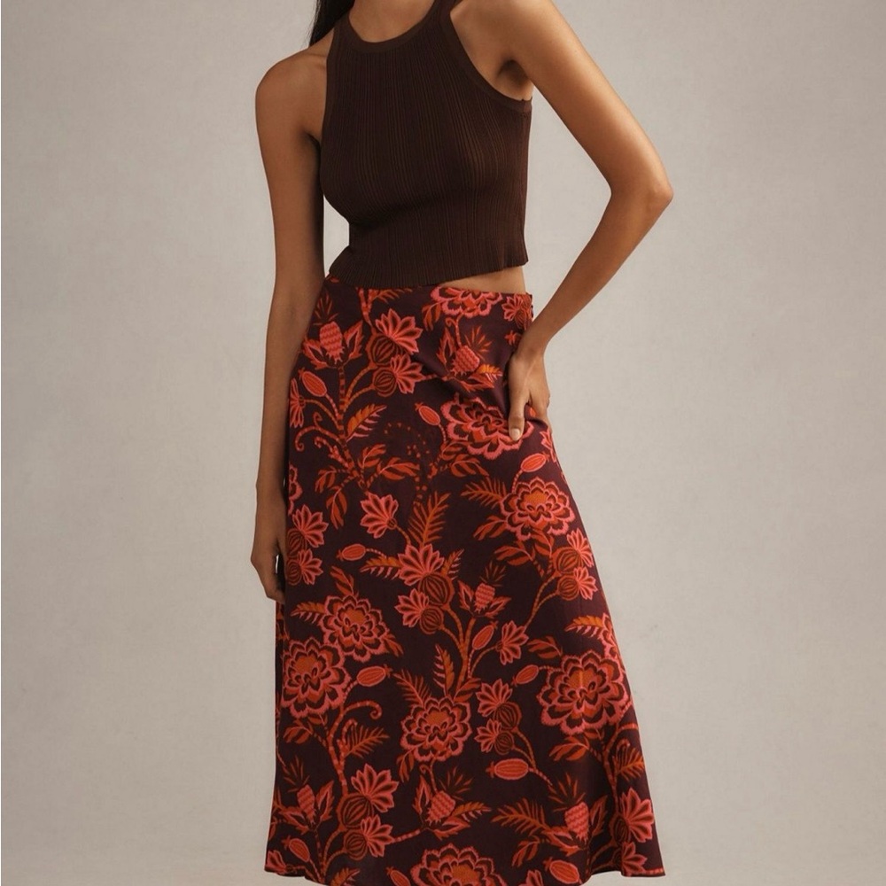 FARM Rio Red and Pink Floral Midi Skirt